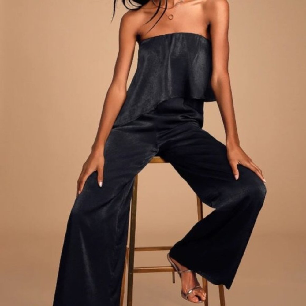 LULU'S Raven black satin strapless wide leg asymmetrical overlay jumpsuit